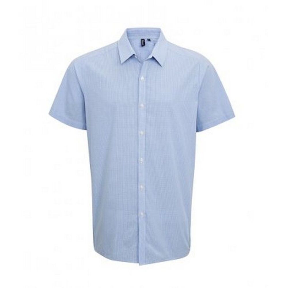 Premier Mens Gingham Short Sleeve Shirt / Light Blue/White